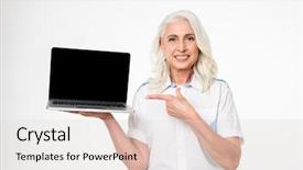  Presentation with real woman hair texture human - PPT theme with laptop isolated over white background background and a  colored foreground
