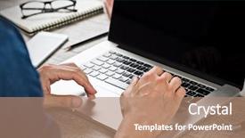  Presentation with grey computer email - PPT theme featuring laptop keyboard hand man writing background and a coral colored foreground