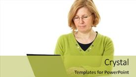  Presentation with glasses - Beautiful presentation theme featuring laptop lady typing - mature woman in green top backdrop and a yellow colored foreground