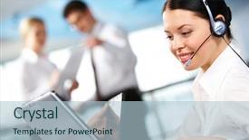  Presentation with executive - Colorful presentation theme enhanced with laptop lady typing - portrait of executive female backdrop and a light blue colored foreground