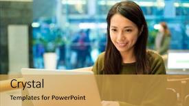  Presentation with computer configuration - Slide deck featuring laptop lady typing - woman working on notebook computer background and a yellow colored foreground