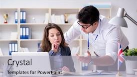  Presentation with language training - Colorful PPT theme enhanced with laptop laguage - teacher explaining to student backdrop and a light gray colored foreground