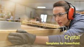  Presentation with wood industry - Slide set consisting of laptop machine - woman in professional training wood background and a coral colored foreground