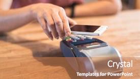  Presentation with nfc technology - PPT theme with laptop machine - woman paying with nfc technology background and a coral colored foreground