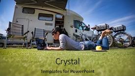  Presentation with vacation - Audience pleasing presentation design consisting of laptop near the camping car backdrop and a gold colored foreground