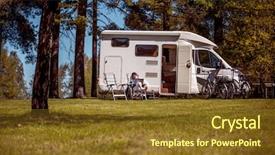  Presentation with family communication - PPT layouts enhanced with laptop near the camping car background and a tawny brown colored foreground