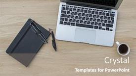  Presentation with oak - Colorful PPT theme enhanced with laptop notebook with pen eyeglasses and cup of coffee lying on the table of oak backdrop and a coral colored foreground