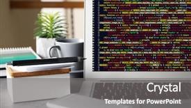  Presentation with code script - Amazing PPT theme having laptop of programmer with script backdrop and a gray colored foreground