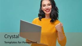  Presentation with light shade blue - Audience pleasing slide set consisting of laptop on bright light blue backdrop and a gold colored foreground