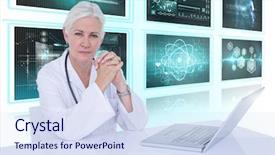  Presentation with portrait of excited overjoyed female - Colorful presentation design enhanced with laptop on desk against white backdrop and a sky blue colored foreground