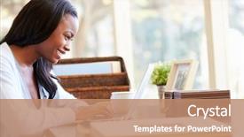  Presentation with desk - Cool new presentation design with woman using laptop on desk backdrop and a coral colored foreground