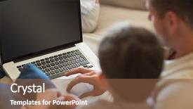  Presentation with father - Presentation with laptop on sofa in house background and a tawny brown colored foreground