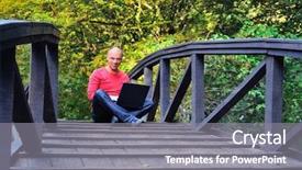  Presentation with pink and green nature - Colorful PPT theme enhanced with laptop outdoor at wooden bridge backdrop and a gray colored foreground