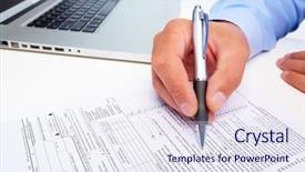  Presentation with business report - Slides having laptop paper report - writing businessman finance and accounting background and a sky blue colored foreground