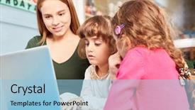  Presentation with preschool - Colorful PPT layouts enhanced with pedagogia - two girls and their teacher backdrop and a light blue colored foreground