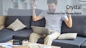  Presentation with home office - Presentation enhanced with laptop screen while crumpling financial background and a light gray colored foreground