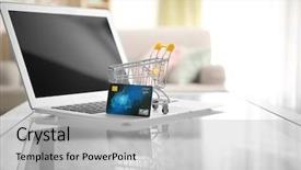  Presentation with shopping trolley - PPT theme having laptop small shopping trolley background and a light gray colored foreground