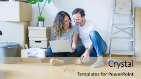  Presentation with computer love - Slide deck with laptop smiling happy for moving background and a soft green colored foreground