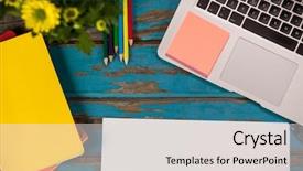  Presentation with sticky notes - Colorful presentation theme enhanced with laptop sticky notes diaries color pencils flowers and blank page on wooden plank backdrop and a light gray colored foreground