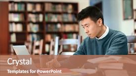  Presentation with library - Slide set enhanced with laptop studying in library background and a coral colored foreground