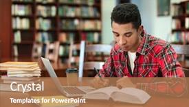  Presentation with library research - Audience pleasing presentation theme consisting of laptop studying in library backdrop and a coral colored foreground