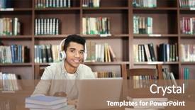  Presentation with library research - Slide set with laptop studying in library background and a coral colored foreground