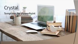  Presentation with workplace - Audience pleasing PPT layouts consisting of laptop table and books beside backdrop and a white colored foreground