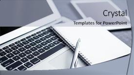  Presentation with note book - Colorful presentation design enhanced with laptop tablet and note book backdrop and a light blue colored foreground