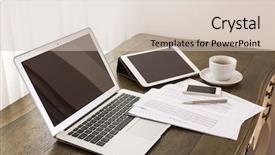  Presentation with pen laptop coffee cup clips - Cool new theme with laptop tablet smartphone and coffee backdrop and a soft green colored foreground