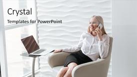  Presentation with office chair - Presentation design featuring laptop talking by mobile phone background and a sky blue colored foreground