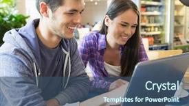  Presentation with students - Slide set featuring laptop together at the university background and a  colored foreground