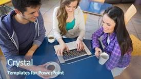  Presentation with college students and laptop - Cool new slide set with laptop together at the university backdrop and a ocean colored foreground