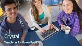  Presentation with students - Slides enhanced with laptop together at the university background and a  colored foreground