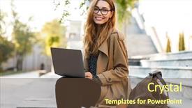  Presentation with city street - PPT theme featuring laptop while sitting on bench background and a tawny brown colored foreground