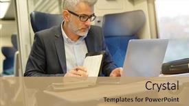  Presentation with laptop - Presentation theme enhanced with laptop while traveling in train background and a coral colored foreground