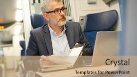  Presentation with young man holdng laptop on lap money - Presentation consisting of laptop while traveling in train background and a coral colored foreground