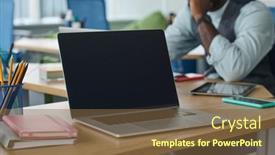  Presentation with workplace - Slide deck featuring laptop-with-black-screen background and a  colored foreground