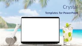  Presentation with business remote work - Presentation theme with laptop-with-blank-screen-headphones background and a  colored foreground