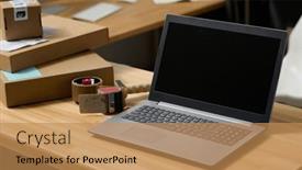  Presentation with laptop blank screen - Slide deck consisting of laptop-with-blank-screen-standing background and a coral colored foreground