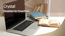  Presentation with books - Cool new slide deck with laptop with books on table backdrop and a tawny brown colored foreground
