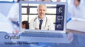  Presentation with video conference - Beautiful presentation design featuring laptop with doctor on video backdrop and a teal colored foreground