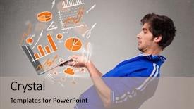  Presentation with old wite man and his music - Beautiful presentation theme featuring laptop with graphs and statistics backdrop and a light gray colored foreground