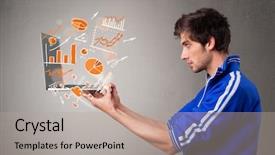  Presentation with old wite man and his music - Audience pleasing theme consisting of laptop with graphs and statistics backdrop and a mint green colored foreground