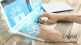  Presentation with defense technology - PPT theme featuring laptop with icons security background and a coral colored foreground