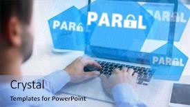  Presentation with defense technology - Colorful slides enhanced with laptop with icons security backdrop and a light blue colored foreground