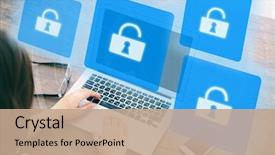  Presentation with internet security - Cool new PPT theme with laptop with icons security backdrop and a coral colored foreground