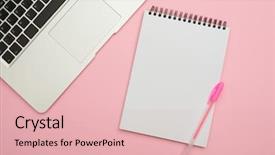  Presentation with planning - Slide deck having laptop with jotter and pen background and a lemonade colored foreground