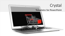  Presentation with shopping trolley - Slide deck featuring laptop with mini market trolley background and a  colored foreground