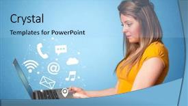  Presentation with laptop - Amazing slides having laptop with online services symbol backdrop and a light blue colored foreground