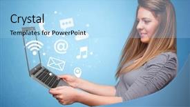  Presentation with janitorila manpower services - Colorful slides enhanced with laptop with online services symbol backdrop and a light blue colored foreground